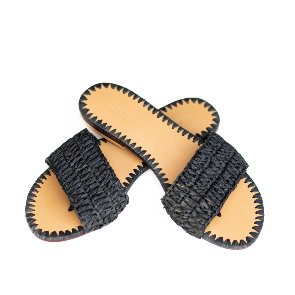 Sarah Stewart Lily Seagrass Slide Sandals Size 6 Black Handmade Luxury